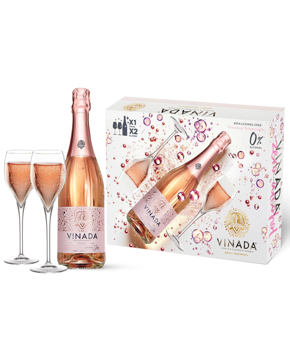 VINADA® - GIFTBOX - TINTELING TEMPRANILLO ROSÉ (0%) 25.4 FL OZ + 2 Glasses